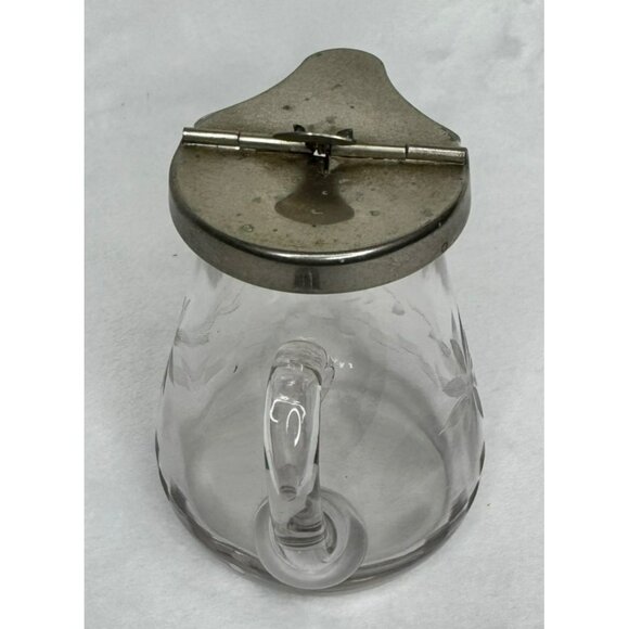 Vintage Glass Syrup Pitcher With Etched Floral Design & Hinged Metal Lid - Picture 8 of 10